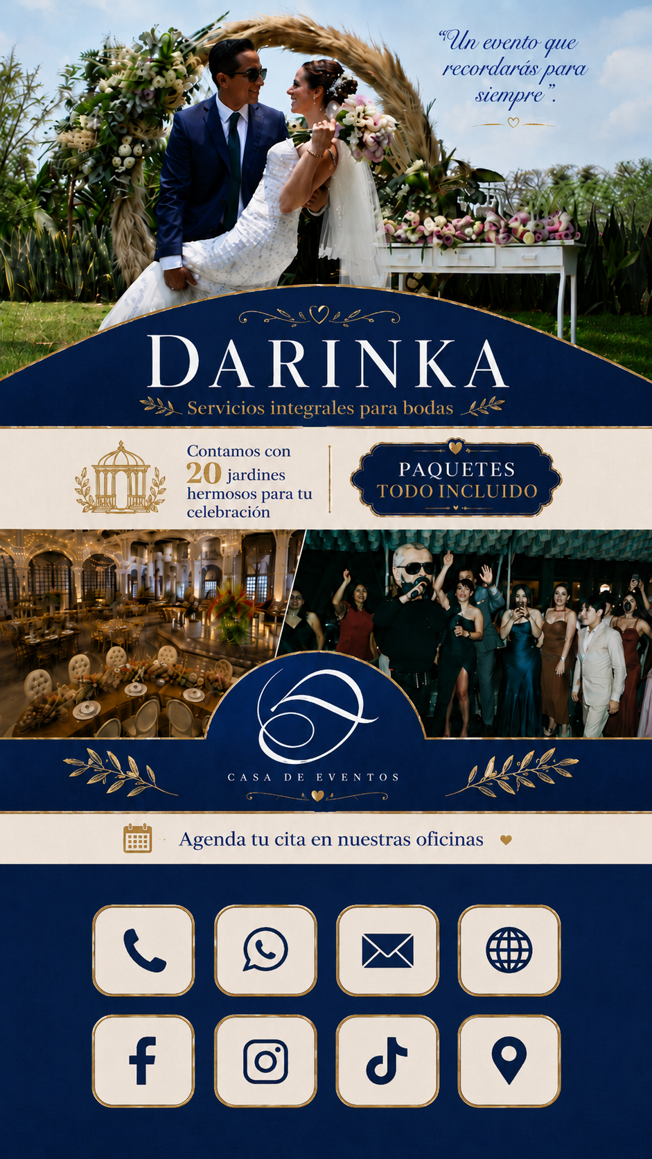 Darinka Casa de Eventos, servicios integrales para bodas, paquetes todo incluido y agenda de cita en oficinas.